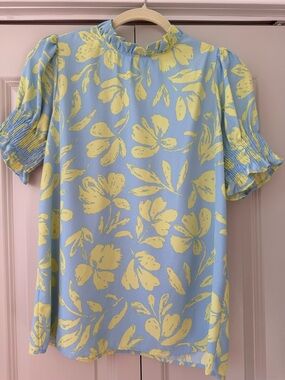 Ruffled Neck Floral Puff-Sleeve Blouse - Blue & Yellow